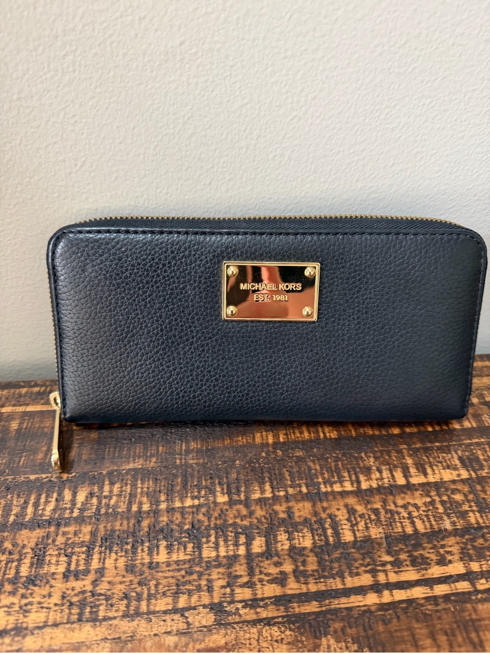 Michael Kors Black Pebbled Leather Zip Wallet with Gold Plaque